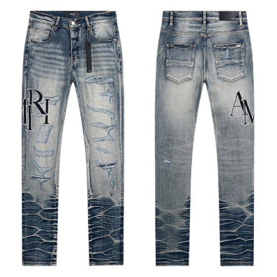 Light Blue Washed Denim Jeans with Black AMIRI Logo and Crocodile Print Details